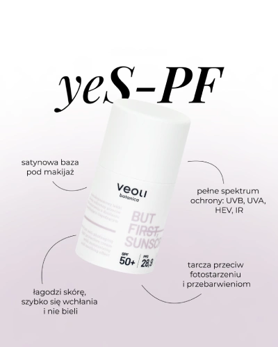 Infografika przedstawiająca krem BUT FIRST, SUNSCREEN na gradientowym, biało-różowym tle z korzyściami stosowania spfu