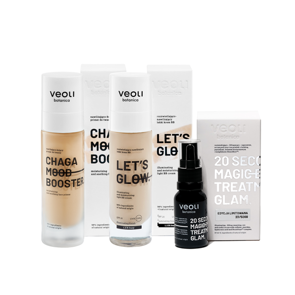 Nawilżenie i rozświetlenie skóry twarzy i okolicy oka dla skóry suchej i dojrzałej  CHAGA MOOD BOOSTER + LET’S GLOW + 20 SECONDS GLAM
