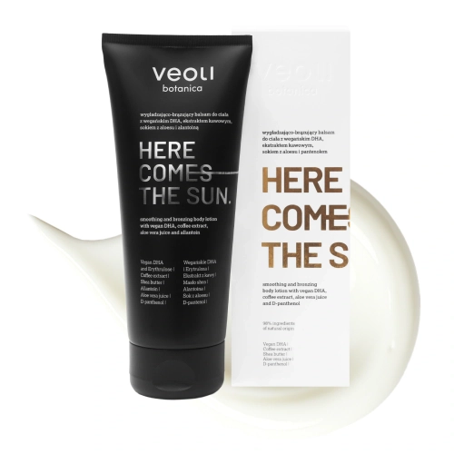 Smoothing and bronzing body lotion with vegan DHA, coffee extract, aloe vera juice and D-panthenol HERE COMES THE SUN