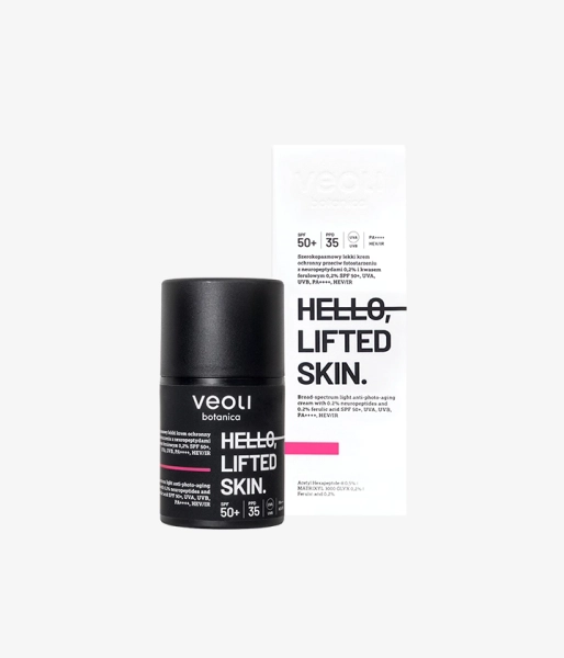 Szerokopasmowy lekki krem ochronny przeciw fotostarzeniu z neuropeptydami 0,2% i kwasem ferulowym 0,2% SPF 50+, UVA, UVB, PA++++, HEV/IR HELLO, LIFTED SKIN