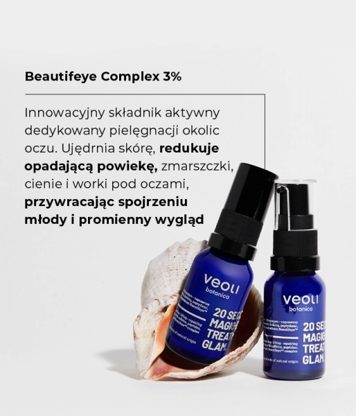 Rozświetlająco-liftingująco-naprawcze serum pod oczy i na powieki z kofeiną, peptydami, kwasem hialuronowym i kompleksem Beautifeye™️ 20 SECONDS MAGIC EYE TREATMENT GLAM