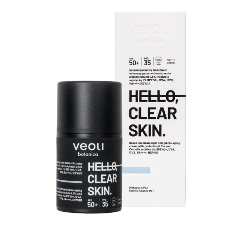 Szerokopasmowy lekki krem ochronny przeciw fotostarzeniu z prebiotykami 0,5% i wąkrotą azjatycką 1% SPF 50+, UVA, UVB, PA++++, HEV/IR HELLO, CLEAR SKIN