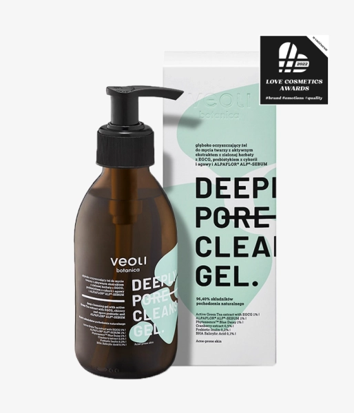 Głęboko oczyszczający żel do mycia twarzy z aktywnym ekstraktem z zielonej herbaty z EGCG, prebiotykiem z cykorii i agawy i ALPAFLOR® ALP®-SEBUM DEEPLY PORE CLEANSING GEL