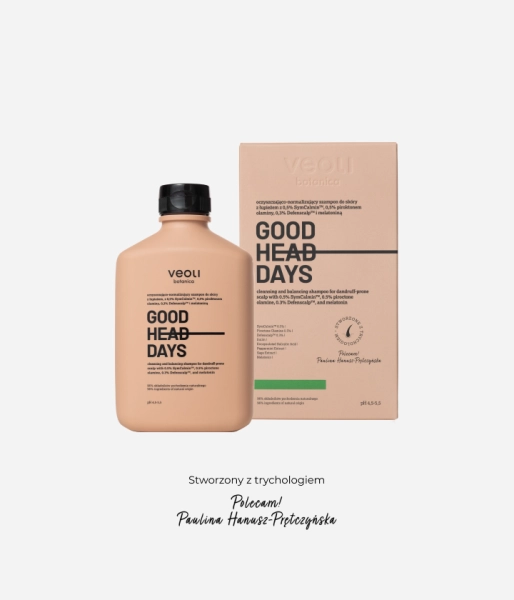 Cleansing and balancing shampoo for dandruff-prone scalp with 0.5% SymCalmin™, 0.5% piroctone olamine, 0.3% Defenscalp™, and melatonin GOOD HEAD DAYS