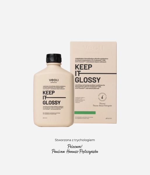 Wygładzająco-dyscyplinująca odżywka emolientowa do włosów zniszczonych z 2% Crodabond™ CSN, 0,5% Fucocert™ i naturalnymi olejami roślinnymi KEEP IT GLOSSY