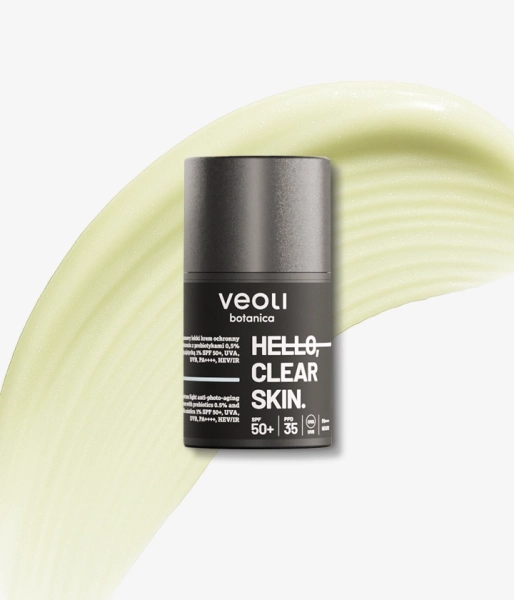 Broad-spectrum light anti-photo-aging cream with prebiotics 0.5% and Centella asiatica 1% SPF 50+, UVA, UVB, PA++++, HEV/IR HELLO, CLEAR SKIN