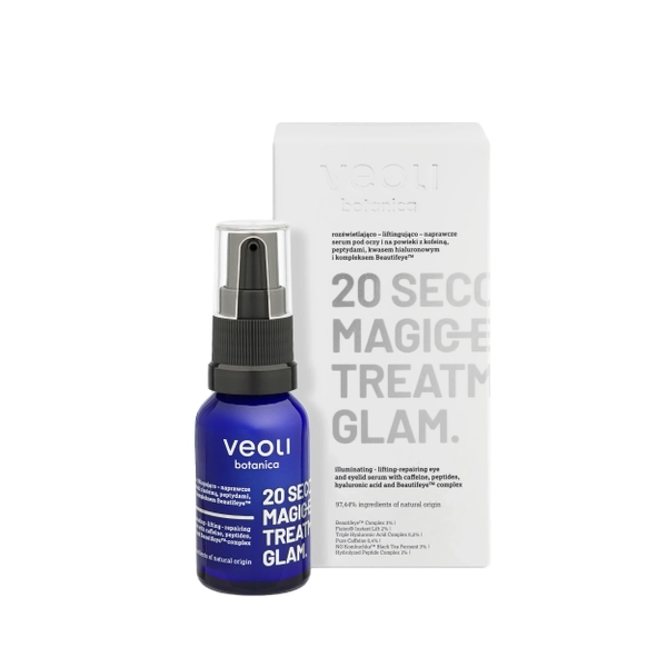 Rozświetlająco-liftingująco-naprawcze serum pod oczy i na powieki z kofeiną, peptydami, kwasem hialuronowym i kompleksem Beautifeye™️ 20 SECONDS MAGIC EYE TREATMENT GLAM