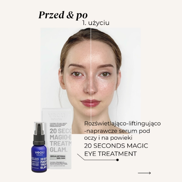 Rozświetlająco-liftingująco-naprawcze serum pod oczy i na powieki z kofeiną, peptydami, kwasem hialuronowym i kompleksem Beautifeye™️ 20 SECONDS MAGIC EYE TREATMENT GLAM