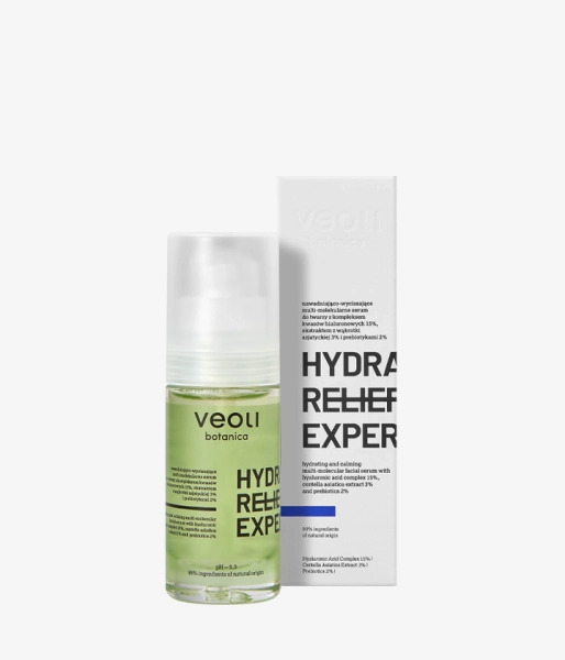 Hydrating and calming facial serum with hyaluronic acid complex 15%, centella asiatica extract 3% and prebiotics 2% HYDRA RELIEF EXPERT