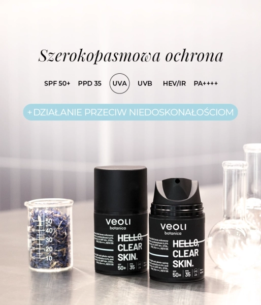 Broad-spectrum light anti-photo-aging cream with prebiotics 0.5% and Centella asiatica 1% SPF 50+, UVA, UVB, PA++++, HEV/IR HELLO, CLEAR SKIN