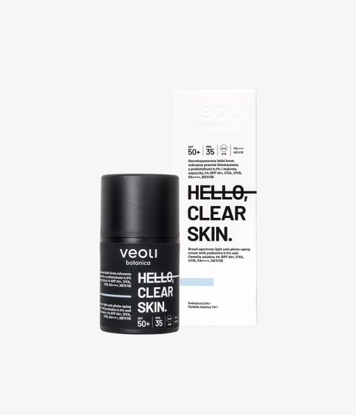 Broad-spectrum light anti-photo-aging cream with prebiotics 0.5% and Centella asiatica 1% SPF 50+, UVA, UVB, PA++++, HEV/IR HELLO, CLEAR SKIN