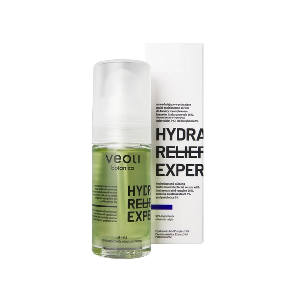 Hydrating and calming facial serum with hyaluronic acid complex 15%, centella asiatica extract 3% and prebiotics 2% HYDRA RELIEF EXPERT