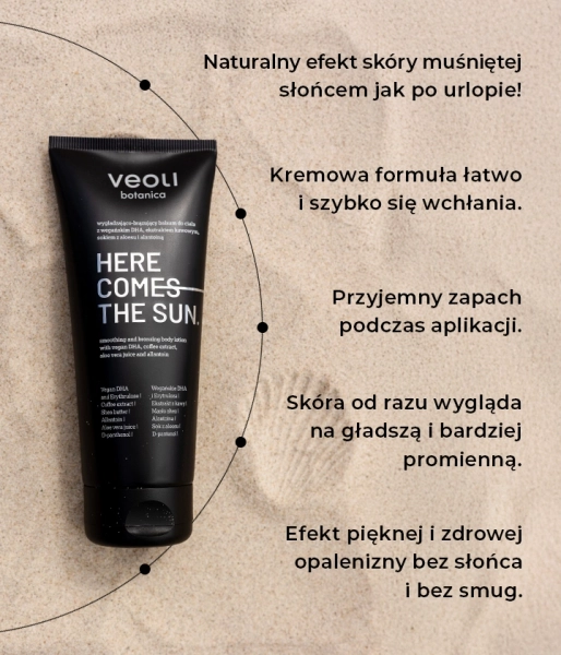 Wygładzająco-brązujący balsam do ciała z wegańskim DHA, ekstraktem kawowym, sokiem z aloesu i pantenolem HERE COMES THE SUN