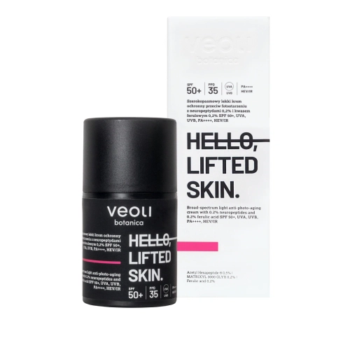 Szerokopasmowy lekki krem ochronny przeciw fotostarzeniu z neuropeptydami 0,2% i kwasem ferulowym 0,2% SPF 50+, UVA, UVB, PA++++, HEV/IR HELLO, LIFTED SKIN