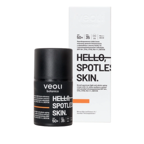 Szerokopasmowy lekki krem ochronny przeciw fotostarzeniu z ekstraktem z morwy białej 1% i tetraizopalmitynianem askorbylu SPF 50+, UVA, UVB, PA++++, HEV/IR HELLO, SPOTLESS SKIN