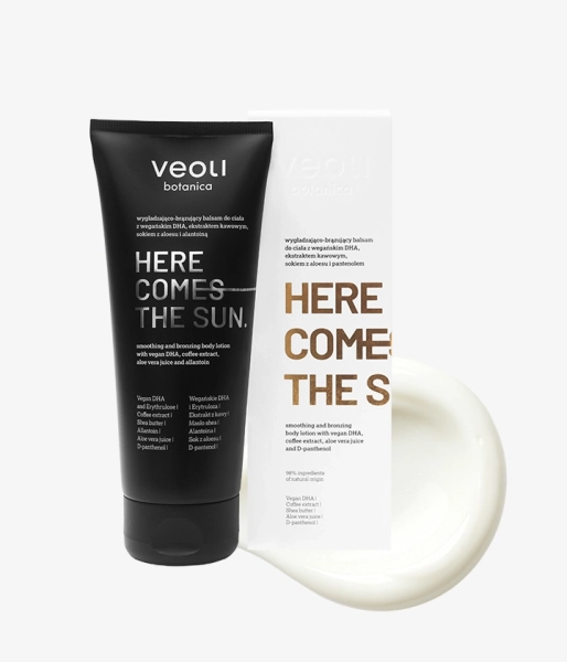 Smoothing and bronzing body lotion with vegan DHA, coffee extract, aloe vera juice and D-panthenol HERE COMES THE SUN