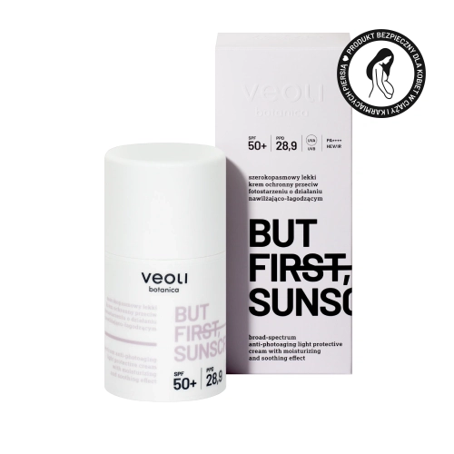 Szerokopasmowy lekki krem ochronny przeciw fotostarzeniu o działaniu nawilżająco-łagodzącym SPF 50+,  UVA, UVB, PA++++, HEV/IR BUT FIRST, SUNSCREEN