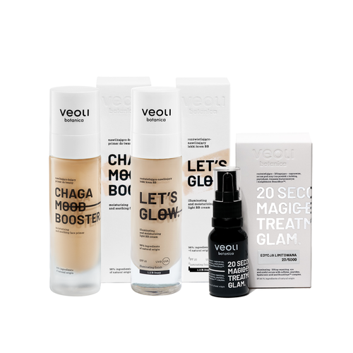 Nawilżenie i rozświetlenie skóry twarzy i okolicy oka dla skóry suchej i dojrzałej CHAGA MOOD BOOSTER + LET’S GLOW + 20 SECONDS GLAM